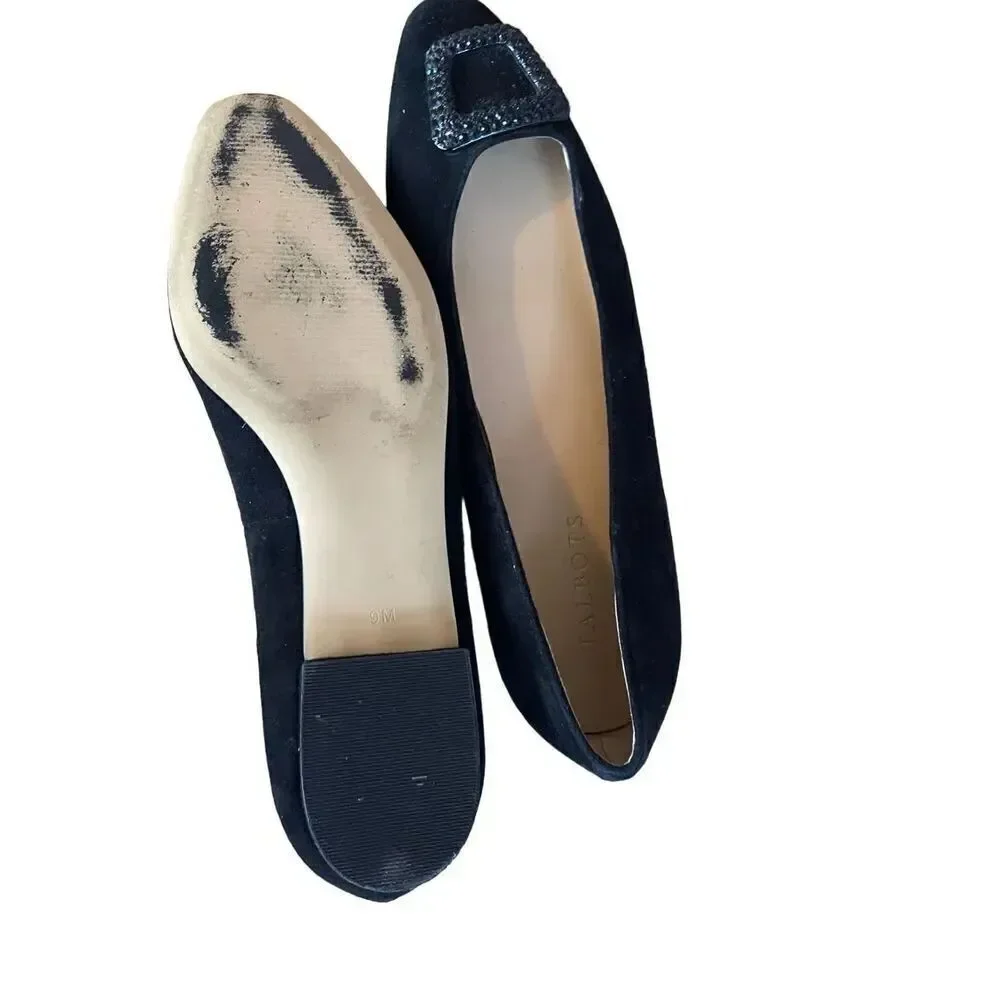 Talbots Womens Black Rhinestone Buckle Slip On Suede Flats Ballet Size 9